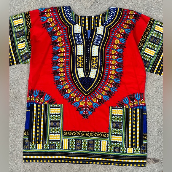 Handmade Mens Dashiki Shirt African Hippie Vintage Red Tribal Blouse Sz M - Picture 3 of 16
